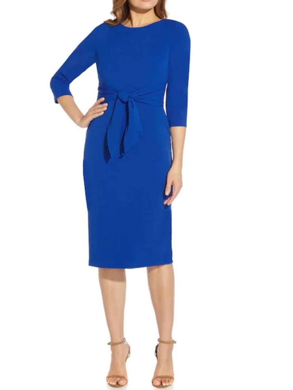 Adrianna Papell Blue Midi Knit Crepe Tie Waist Sheath Dress Size 10